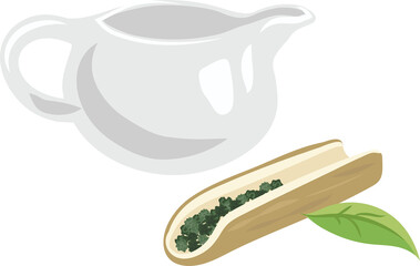 Illustration of Teapot and Green Tea Leaves