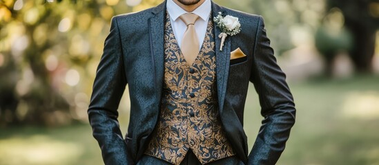 Elegant groom attire featuring a stylish suit and intricate vest for a memorable wedding celebration