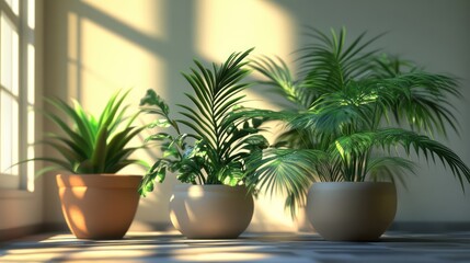 Fototapeta premium Indoor planting setup with potted plants basking in sunlight showcasing vibrant greenery and tranquility in a serene environment