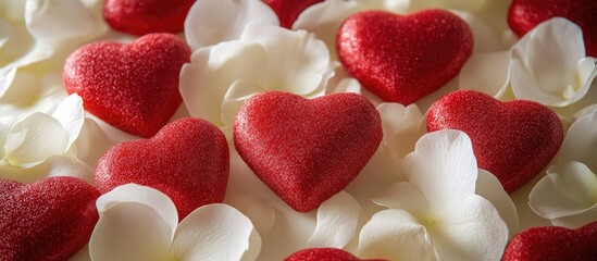 Heart-shaped gift boxes surrounded by white petals create a romantic and festive atmosphere for special occasions like Valentine's Day.