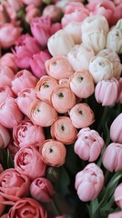 Vibrant spring bouquet filled with pink and white ranunculus and tulips in natural light