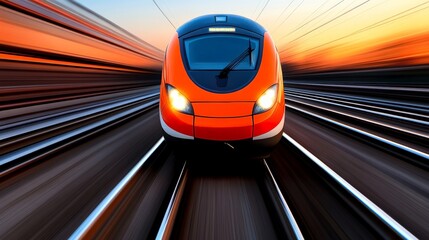 Fototapeta premium High-Speed Rail: A sleek, modern high-speed train streaks through the landscape, leaving a blur of motion behind as it travels towards a vibrant sunset. This dynamic image evokes a sense of speed.