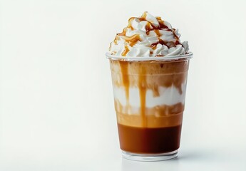  A realistic photograph of a horizontal view, an iced coffee with caramel and whipped cream on top, isolated against a white background