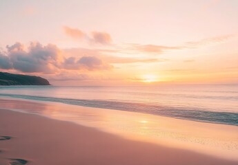 Obraz premium Beautiful beach with a pink and orange sunset sky, calm ocean water, and a summer vacation background.