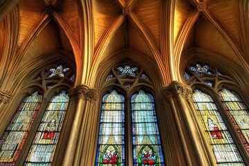 Obraz premium Arched Vaulting Ribs and Stained Glass Ceilings in Wells Cathedral, a Stunning British Religious Architecture in Somerset, England