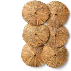 A photostock of tropical straw umbrellas arranged evenly, isolated on a clean white background, beach-themed and relaxing, High Quality