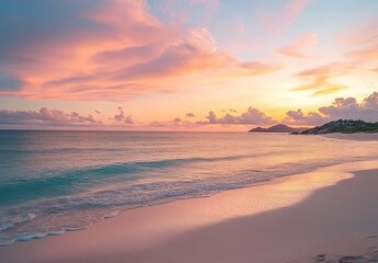 Beautiful beach with a pink and orange sunset sky, calm ocean water, and a summer vacation background.