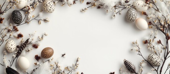 Obraz premium Elegant floral frame with decorative eggs on a soft background for spring or Easter celebrations.