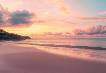 Fototapeta premium Beautiful beach with a pink and orange sunset sky, calm ocean water, and a summer vacation background.