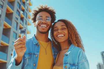 Fototapeta premium Young couple joyfully celebrating the start of their new journey with keys. Generative AI