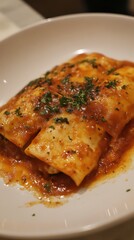 Tasty lasagna sits elegantly on white plate closeup photo.. AI Generated