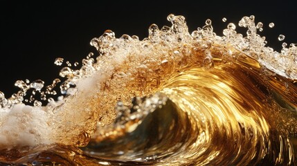 Golden beer wave with dynamic splashes illustrating beverage freshness and excitement in a dark background, perfect for alcohol-related themes.