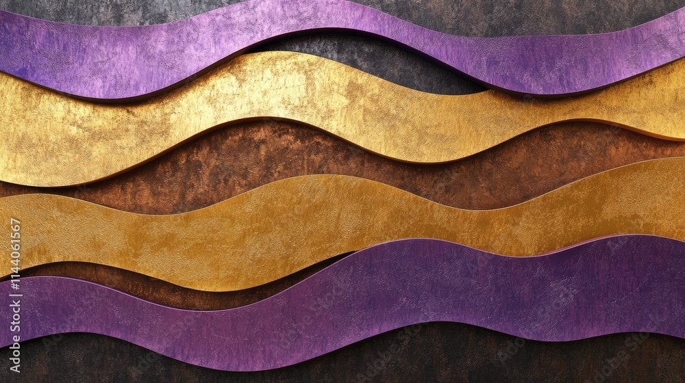 Poster gradient wave texture in gold bronze and violet colors on a dark background for elegant abstract des