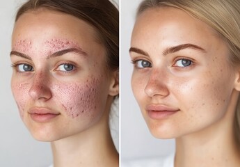 Before and after photo of a woman with pimples on her face. In the after photo, her skin is clear without any spots or wrinkles