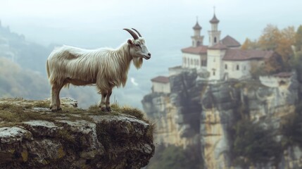 Obraz premium Majestic goat standing on a rocky ledge with a monastery in the misty green landscape showcasing nature's beauty and tranquility.
