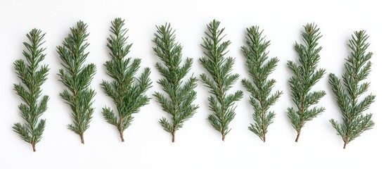 Christmas pine twigs arranged in a top border on a white background ideal for holiday themed designs and seasonal decorations