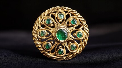 Fototapeta premium Elegant vintage gold round brooch adorned with emeralds showcased against a black background, emphasizing its intricate design and craftsmanship.