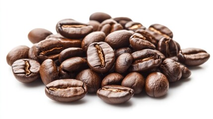 Fototapeta premium freshly roasted coffee beans piled on a white background showcasing rich color and texture ideal for coffee-related concepts or marketing
