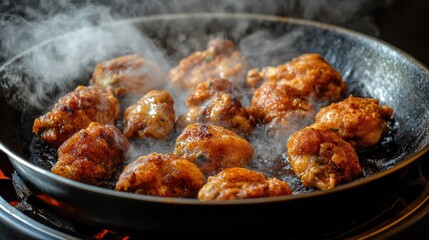Crispy golden fried chicken sizzling in a pan with steam on dark background showcasing delicious texture and appetizing colors