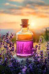 Glass bottle of lavender essential oil with fresh flowers. Flowering field on the background, sunset. Aromatherapy spa massage vertical concept. Lavendula oleum