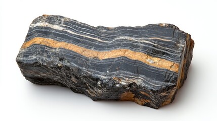 Gneiss metamorphic rock showcasing distinct foliation and banding with textured surface in natural lighting against a white background