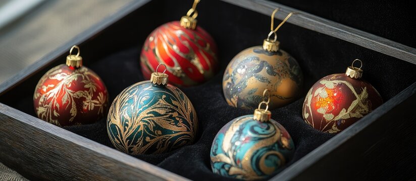 Decorative gift box containing beautifully designed Christmas tree ornaments in a black velvet lining