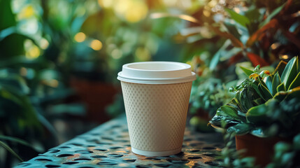 A disposable coffee cup sits on a table outdoors amongst lush green plants. The warm sunlight adds a comforting touch to the scene.