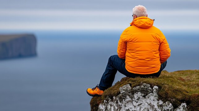 Oceanside Contemplation: A man sits on a rocky outcrop overlooking a vast ocean, lost in thought. The dramatic landscape and the man's contemplative posture evoke a sense of peace, solitude.