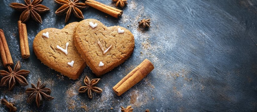 Heart-shaped ginger biscuits decorated with cinnamon and anise on a dark textured surface, perfect for festive baking creativity.