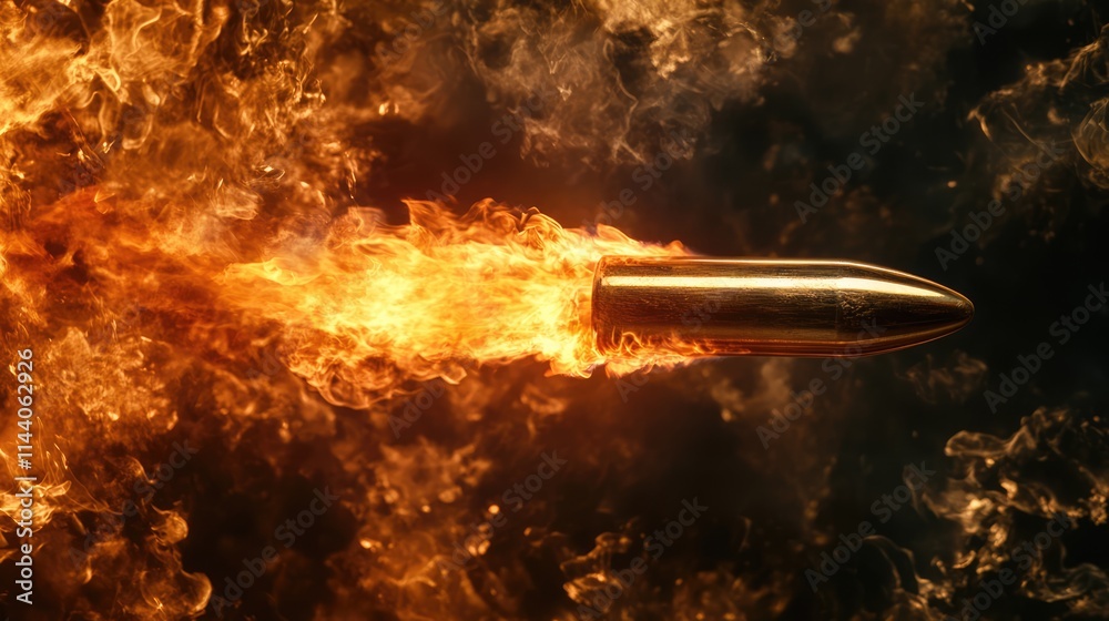 Poster golden bullet igniting with flames and smoke creating a dramatic effect in a dark background for dyn