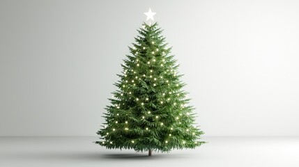 Fototapeta premium A beautifully decorated green Christmas tree with glowing warm lights and a bright star topper stands in a minimalist grey studio room.
