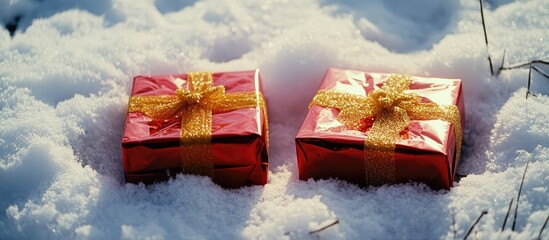 Christmas gifts elegantly placed on snowy ground with vibrant red wrapping and golden bows, creating a festive winter scene.