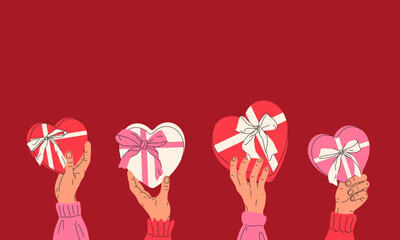 Female hands holdings heart shaped gift boxes. Present surprise concept for Valentine's day, birthday, Mother's Day, celebration and other anniversary. Hand drawn illustration for banner, card, poster