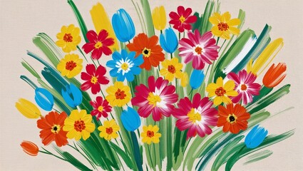 Bunch of Colorful Flowers Created with Brush Strokes, Showcasing Vibrant Hues and Artistic Expression in a Beautiful Floral Painting