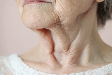 Naklejka premium Close-up of the neck area, showing wrinkles and skin texture around the collarbone, on an older woman's face