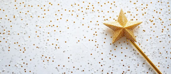 Gold star shaped magic wand on a white spotted backdrop ideal for wish granting themes and festive decorations with blank space for text