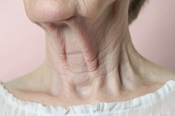 Close-up of the neck area, showing wrinkles and skin texture around the collarbone, on an older woman's face