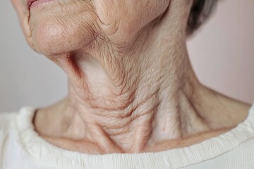 Naklejka premium Close-up of the neck area, showing wrinkles and skin texture around the collarbone, on an older woman's face