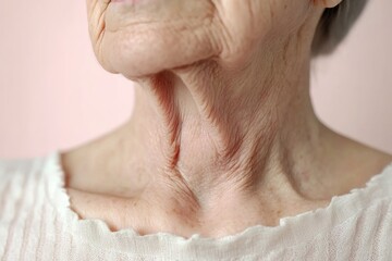 Fototapeta premium Close-up of the neck area, showing wrinkles and skin texture around the collarbone, on an older woman's face