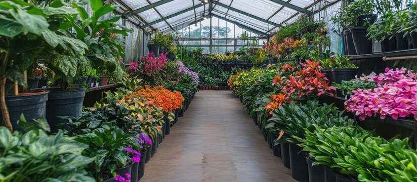Vibrant greenhouse filled with diverse flowering plants showcasing healthy nursery production for gardening and horticulture enthusiasts.