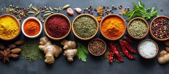 Colorful array of spices and herbs in wooden bowls with fresh ingredients on a dark stone background showcasing culinary diversity and richness.
