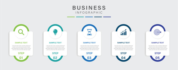 5 process infographic labels with icons design template. Planning, Marketing, Strategy and Business presentation. Vector illustration.