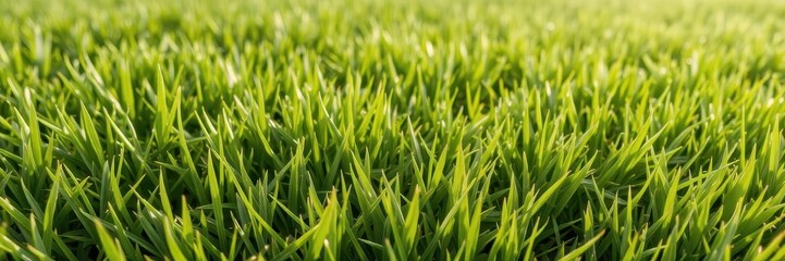 Fototapeta premium Close-up of lush green golf course grass texture showing blades and subtle undulations, close-up, backdrop