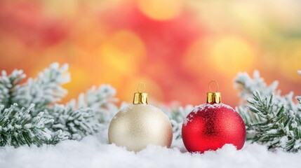Elegant golden and red Christmas ornaments on snowy tree branches with a vibrant festive bokeh background for a joyful holiday atmosphere