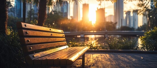 Serene park bench at sunset surrounded by palm trees and a skyline bridge in soft focus ambiance
