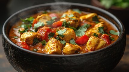 Steaming chicken curry in a dark bowl.