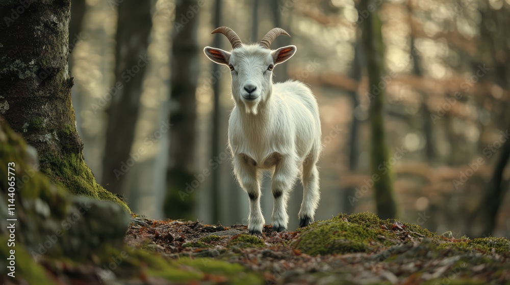 Poster white goat walking through a tranquil forest setting with lush greenery and soft light filtering thr