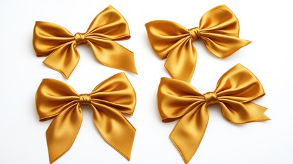 Elegant gold satin ribbon bows arranged on a white background for decorative or gifting purposes.
