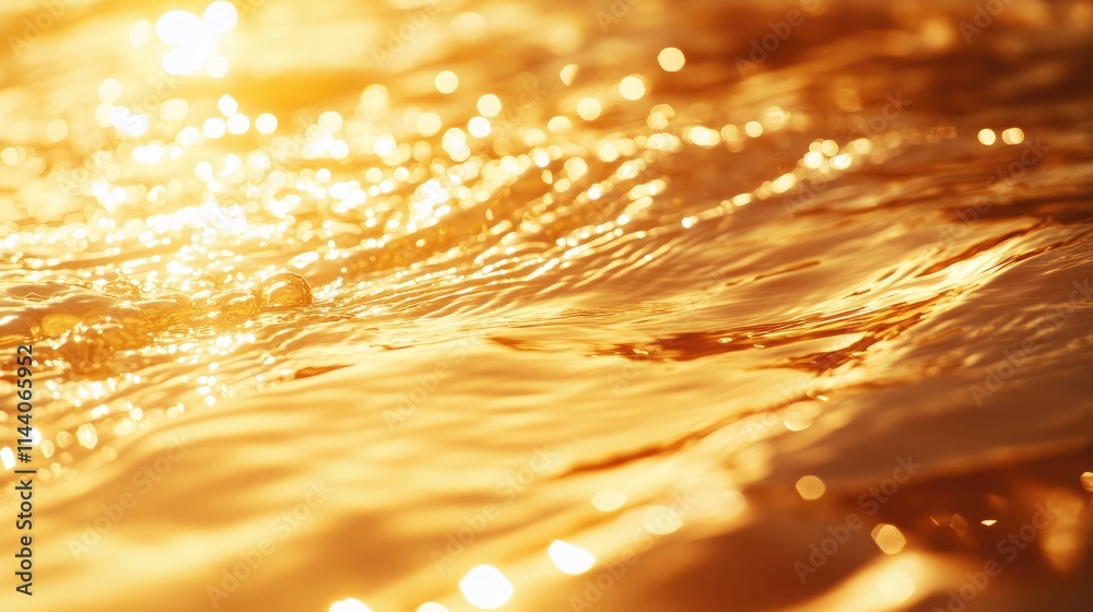 Poster golden shimmering bokeh effect on water surface with soft reflections and warm lighting creating a t