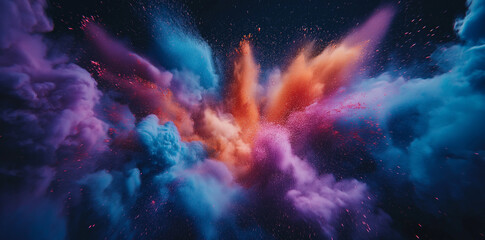 Vibrant Explosion Of Colorful Powder Clouds On A Black Background, Capturing Abstract Paint Dust In Motion